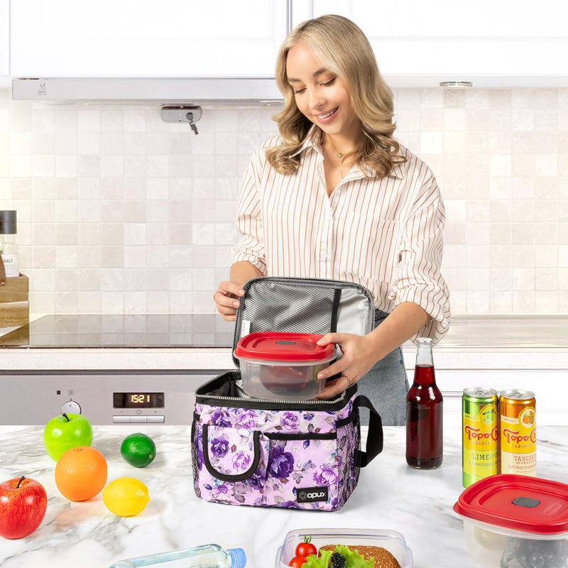 opux Insulated Lunch Bag for Men Women, Leakproof Floral Purple Lunch Box for Work, Portable Soft Lunch Cooler Bag with Shoulder Strap, Adult Lunchbox Lunch Pail for Kid Boy Girl School, 14 Can/8L - Image 5